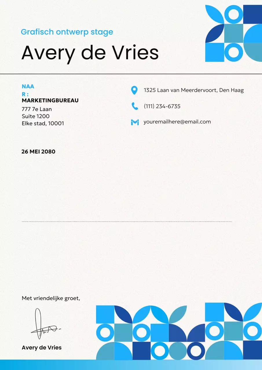 Blauwe moderne stage-sollicitatiebriefposter