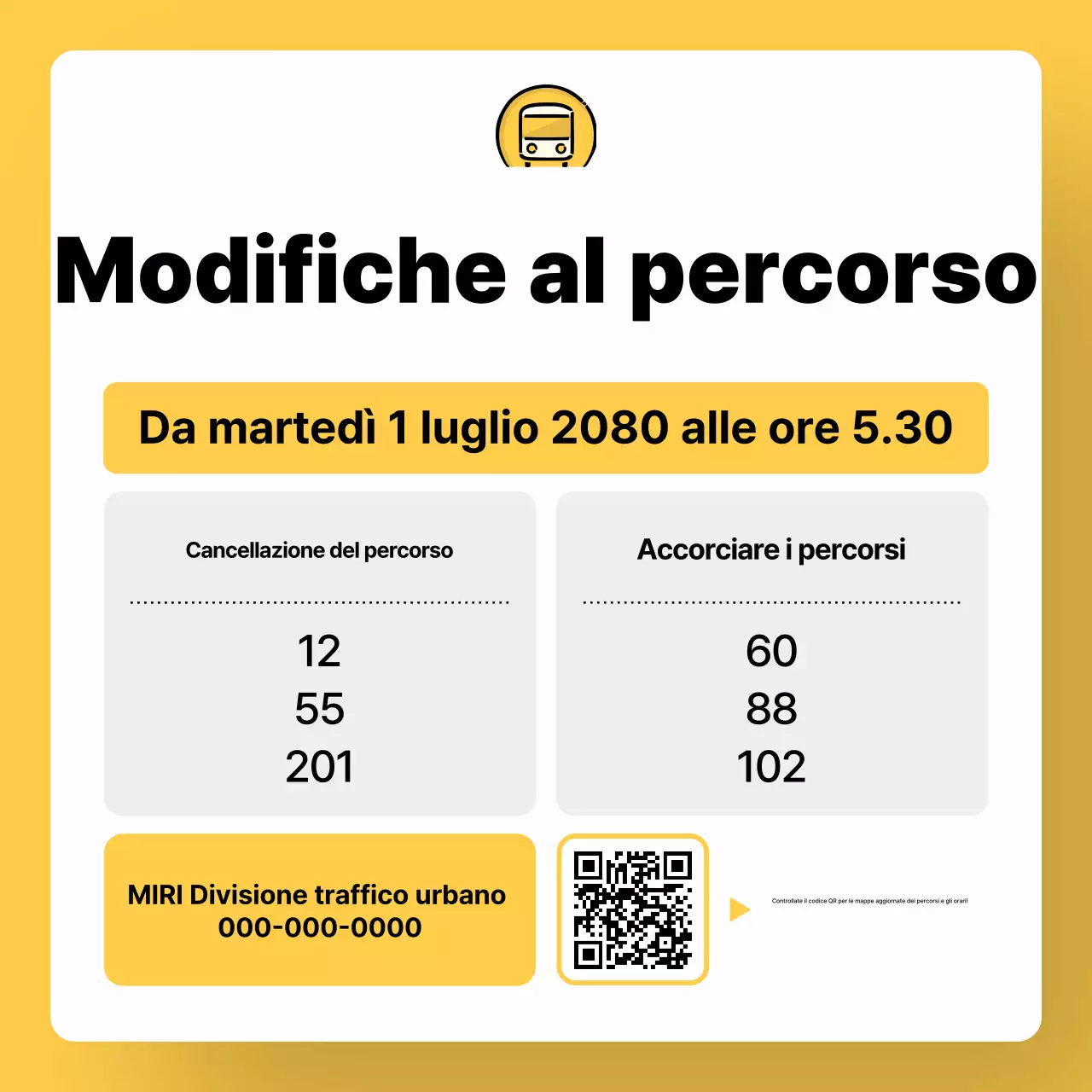Avviso di modifica del percorso dell'autobus semplice giallo
