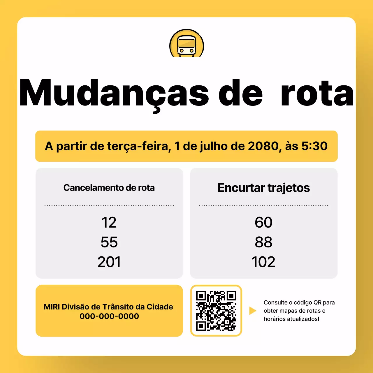 Aviso de alteração de rota de ônibus simples amarelo