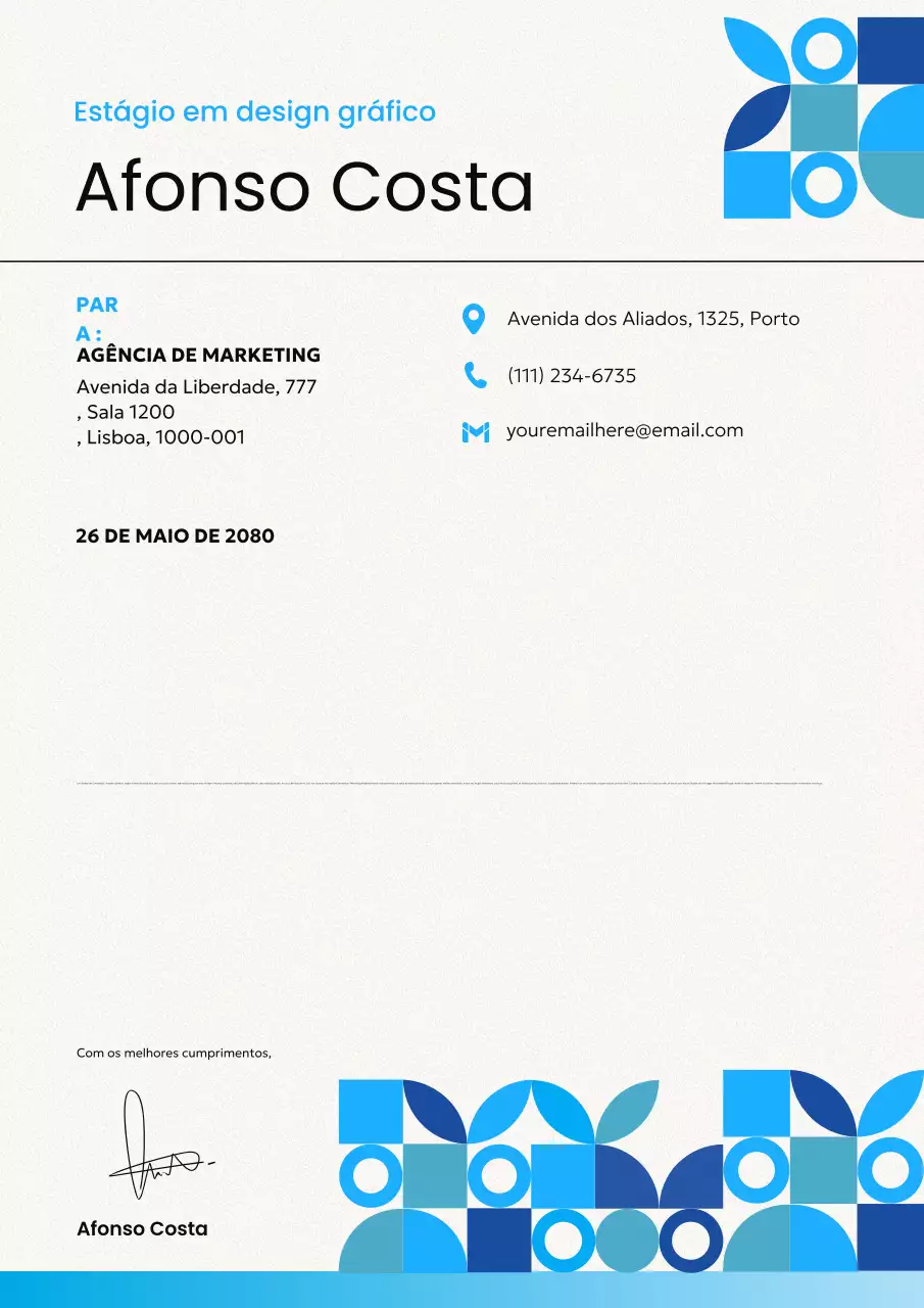 Cartaz de carta de apresentação para estágio moderno em azul