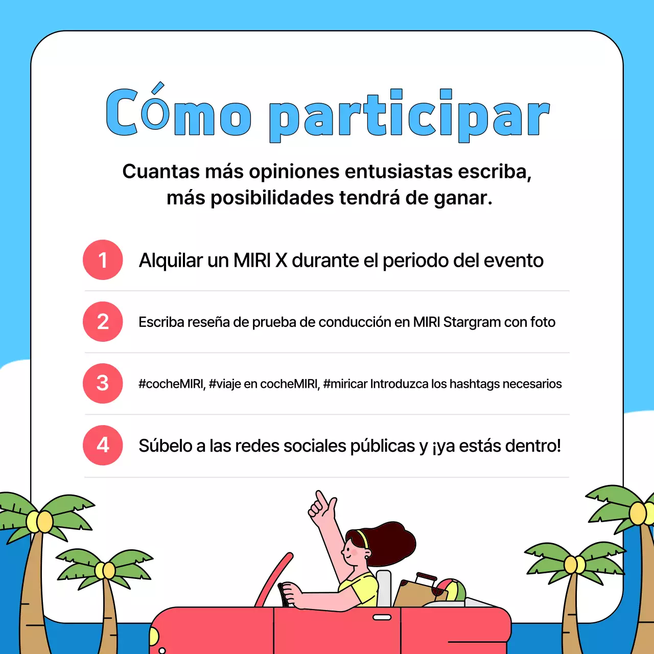 Promoción del evento de prueba de manejo de autos de alquiler Sky Blue Pop