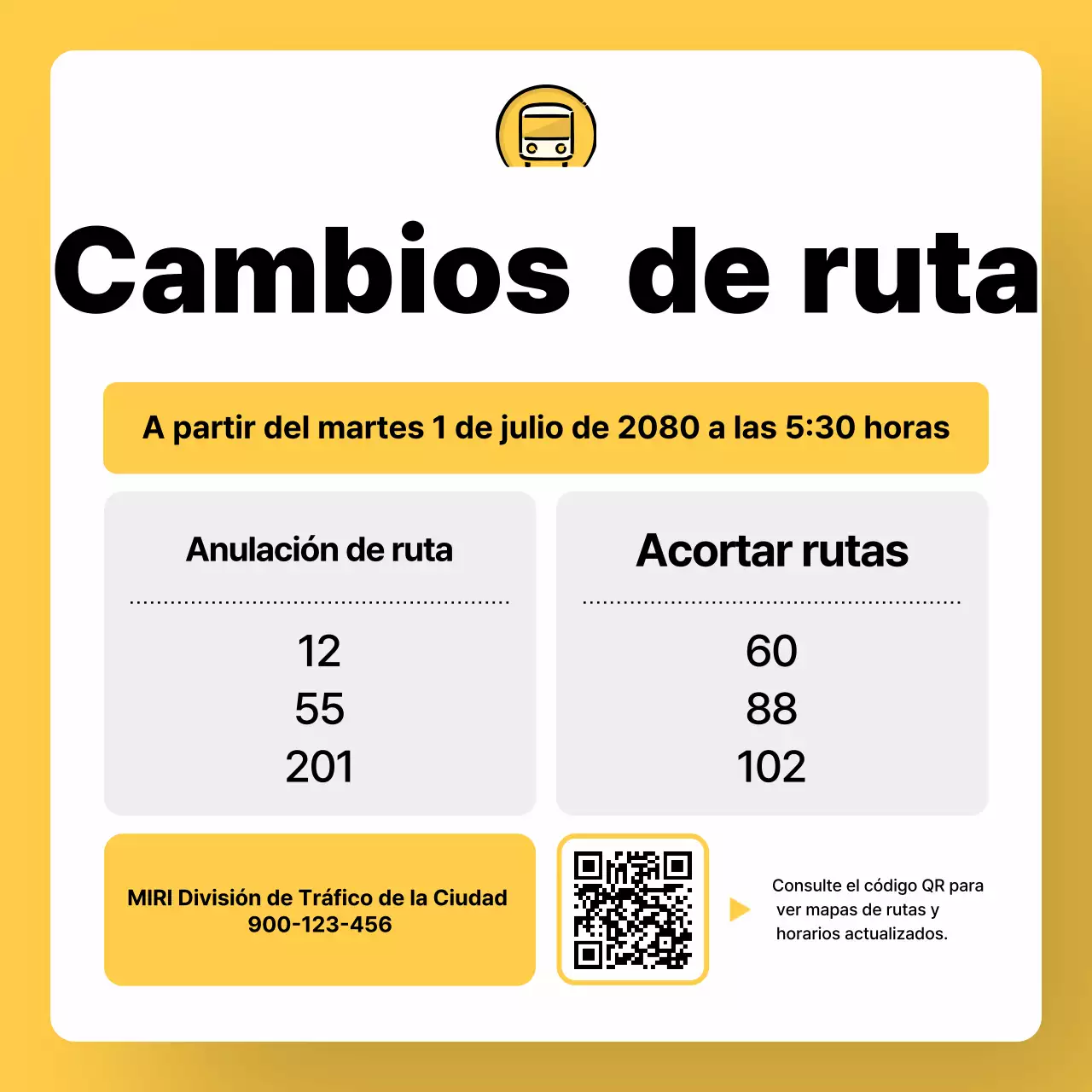 Aviso de cambio de ruta de autobús amarillo simple