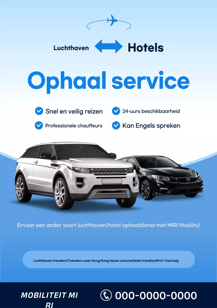 Eenvoudige reclame voor een ophaalauto van een luchthavenhotel in hemelsblauw en marineblauw