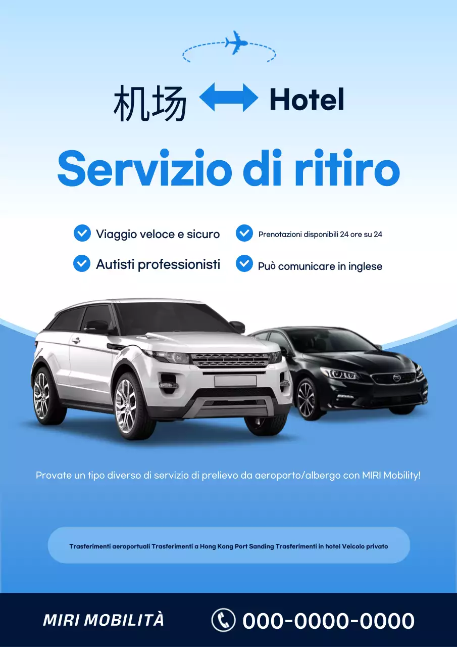 Pubblicità semplice di auto per il ritiro in aeroporto e in hotel in azzurro cielo e blu navy
