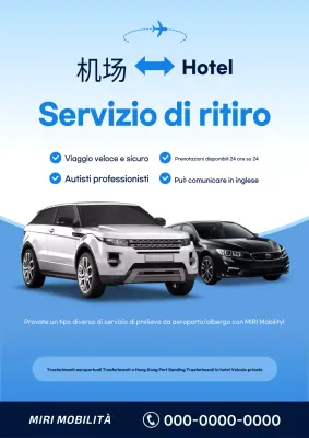 Pubblicità semplice di auto per il ritiro in aeroporto e in hotel in azzurro cielo e blu navy