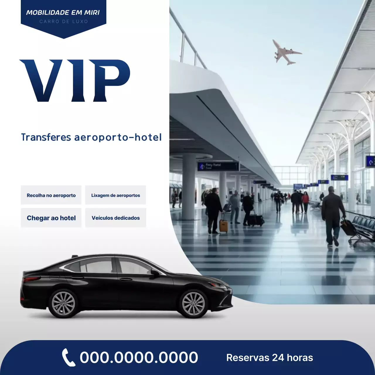 Anúncio simples de carro cinza e azul para retirada de hotel no aeroporto