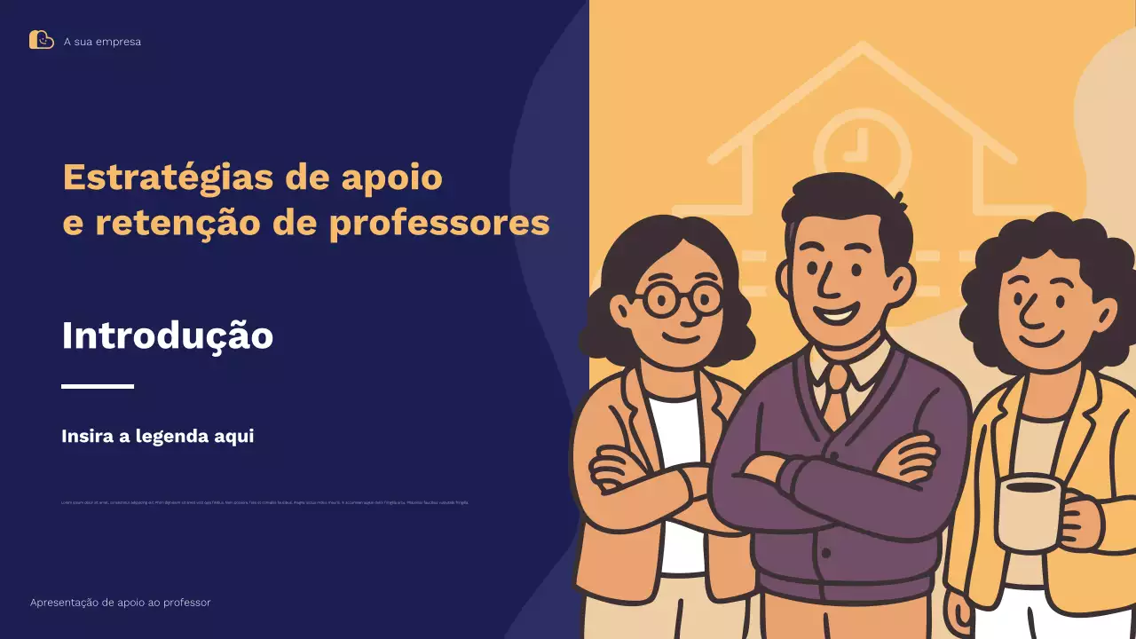 Apresentação ilustrativa de estratégias de apoio e retenção de professores em azul e laranja