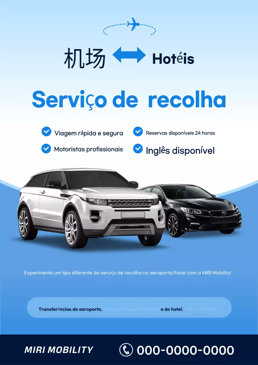 Anúncio simples de carro para retirada de hotel em aeroporto em azul-celeste e marinho