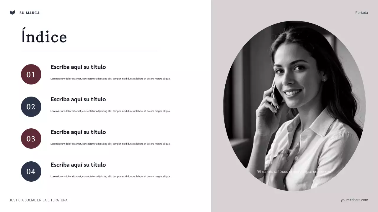 Presentación de la justicia social clásica en la literatura en azul marino y granate