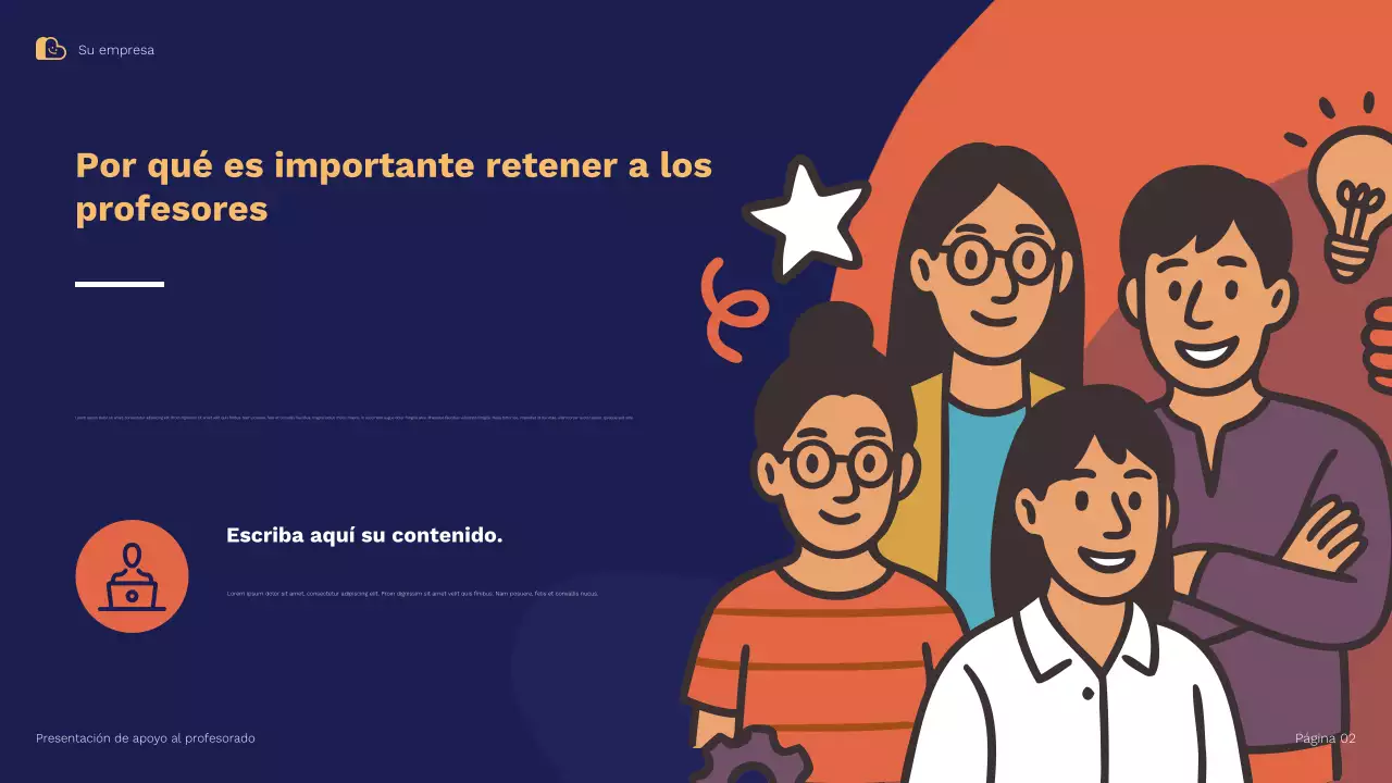 Presentación ilustrativa de estrategias de apoyo y retención docente de Blue Orange