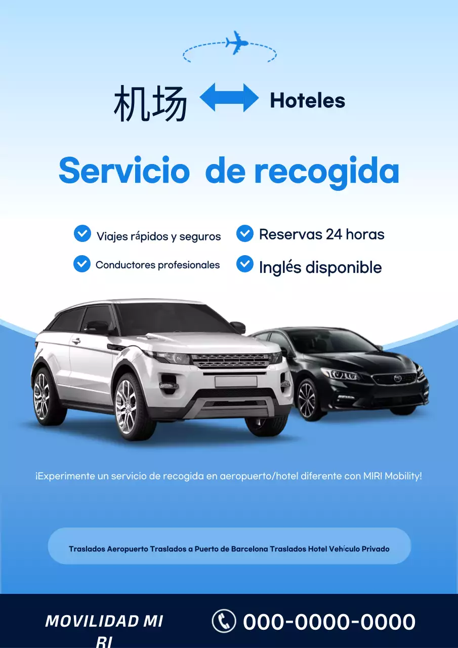 Anuncio sencillo de recogida de coches en hoteles del aeropuerto en azul cielo y azul marino.