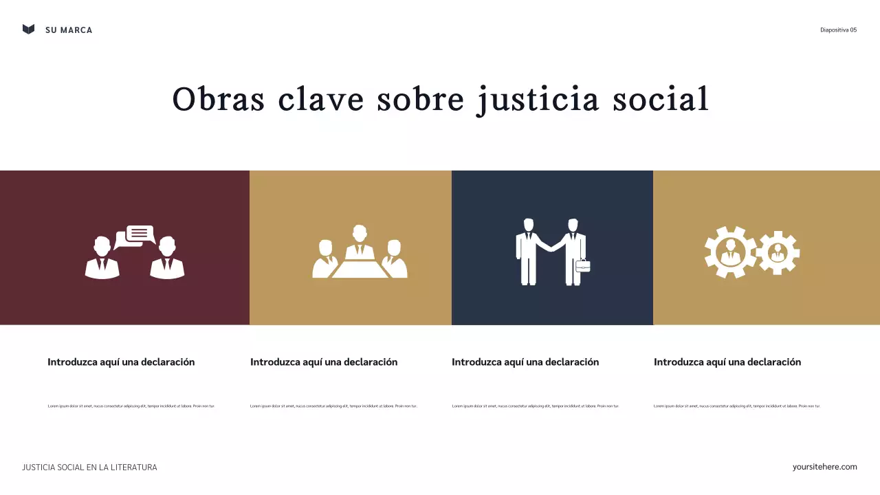 Presentación de la justicia social clásica en la literatura en azul marino y granate