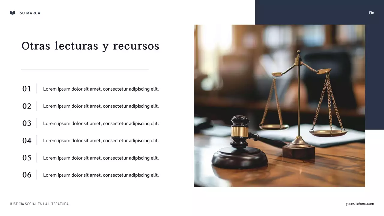 Presentación de la justicia social clásica en la literatura en azul marino y granate