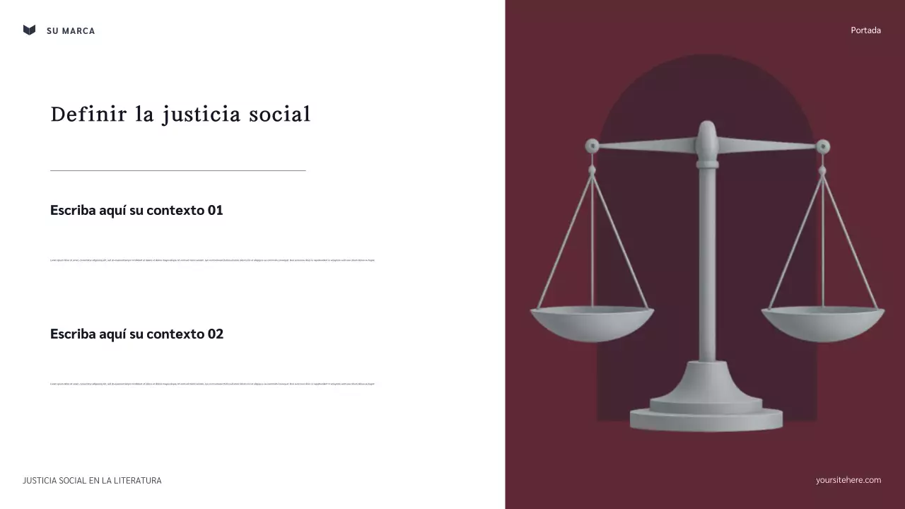 Presentación de la justicia social clásica en la literatura en azul marino y granate