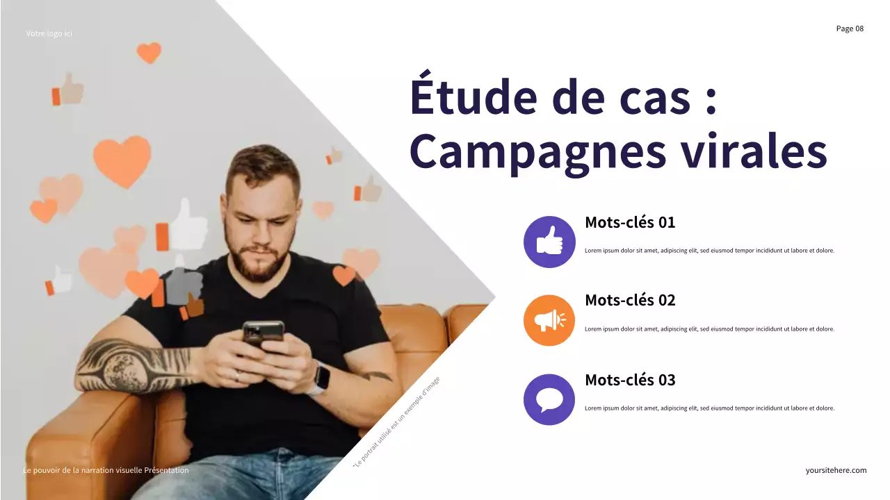 Présentation illustrative en violet et orange : Le pouvoir de la narration visuelle