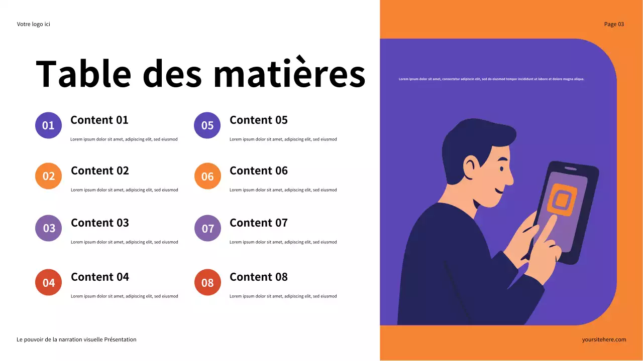 Présentation illustrative en violet et orange : Le pouvoir de la narration visuelle