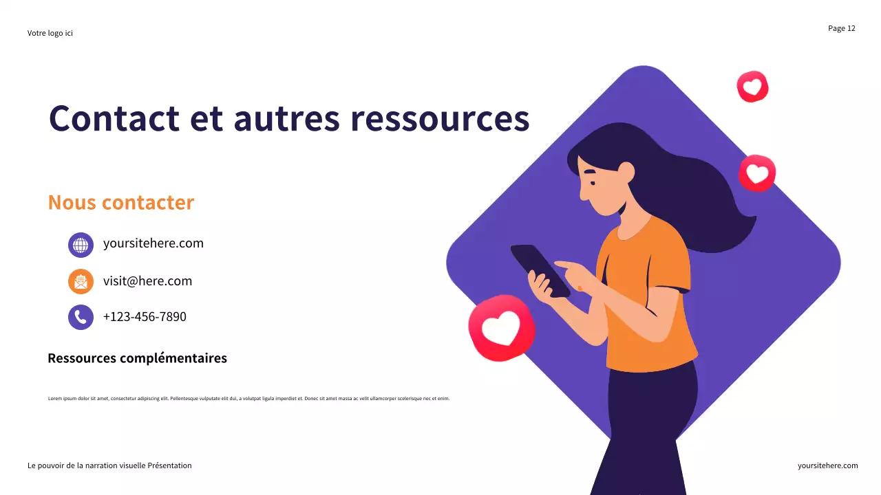Présentation illustrative en violet et orange : Le pouvoir de la narration visuelle