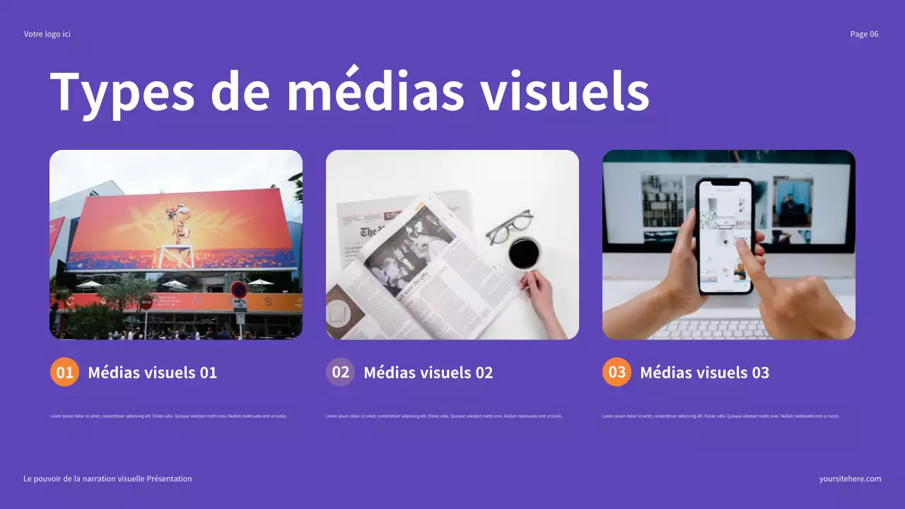 Présentation illustrative en violet et orange : Le pouvoir de la narration visuelle