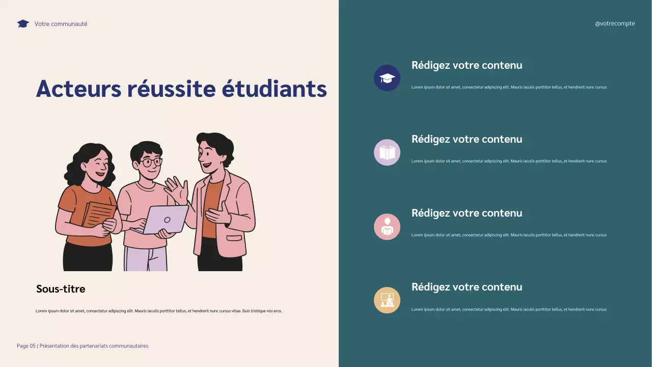 Présentation illustrative des partenariats communautaires bleus et violets pour la réussite des étudiants