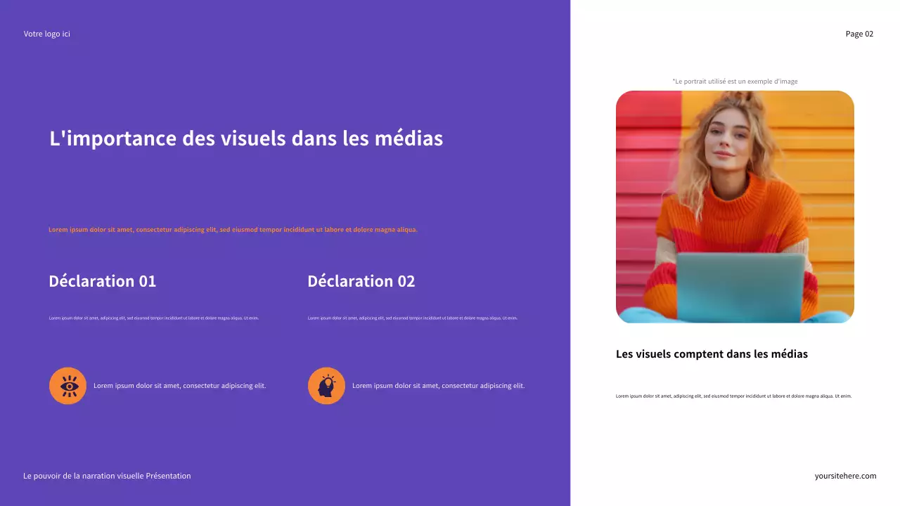 Présentation illustrative en violet et orange : Le pouvoir de la narration visuelle