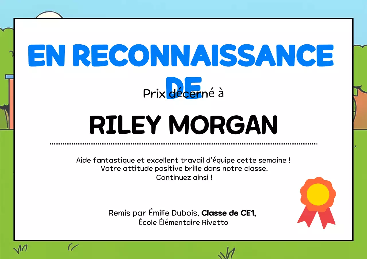 Affiche du certificat de récompense Blue Simple pour enfants