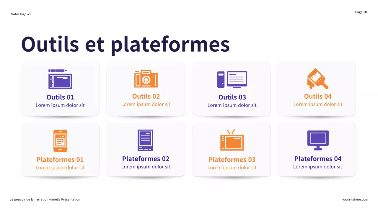 Présentation illustrative en violet et orange : Le pouvoir de la narration visuelle