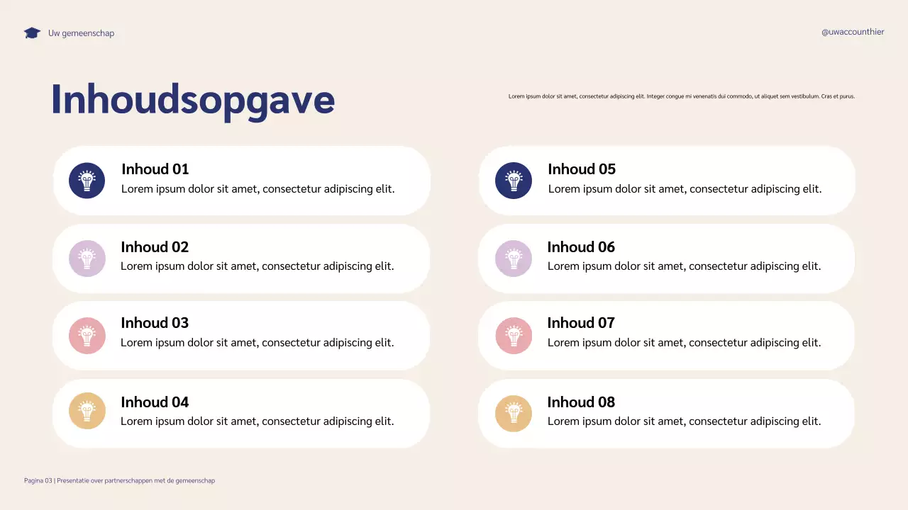 Presentatie van illustratieve partnerschappen in de gemeenschap voor het succes van studenten in de kleuren blauw en paars