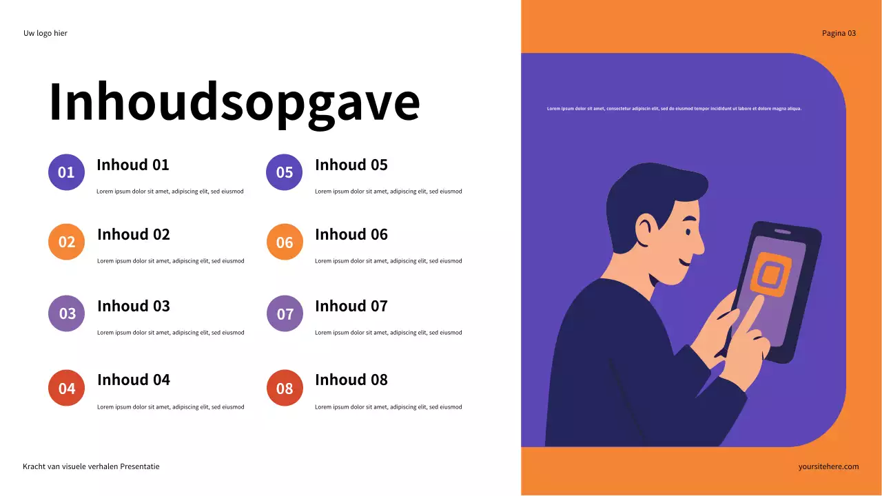 Paars en oranje illustratief De kracht van visueel vertellen Presentatie