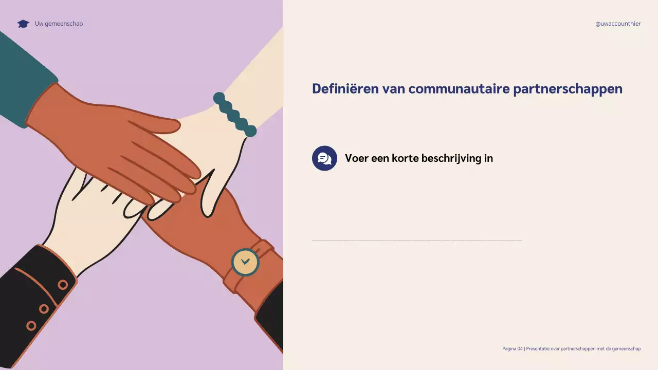 Presentatie van illustratieve partnerschappen in de gemeenschap voor het succes van studenten in de kleuren blauw en paars