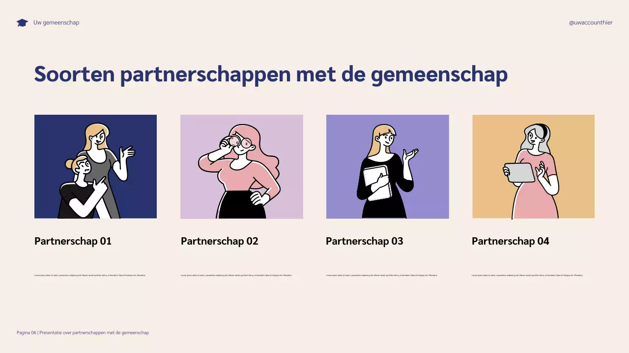 Presentatie van illustratieve partnerschappen in de gemeenschap voor het succes van studenten in de kleuren blauw en paars