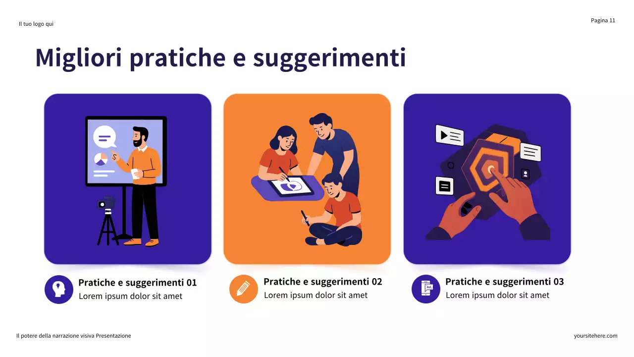 Presentazione illustrativa del potere della narrazione visiva in viola e arancione