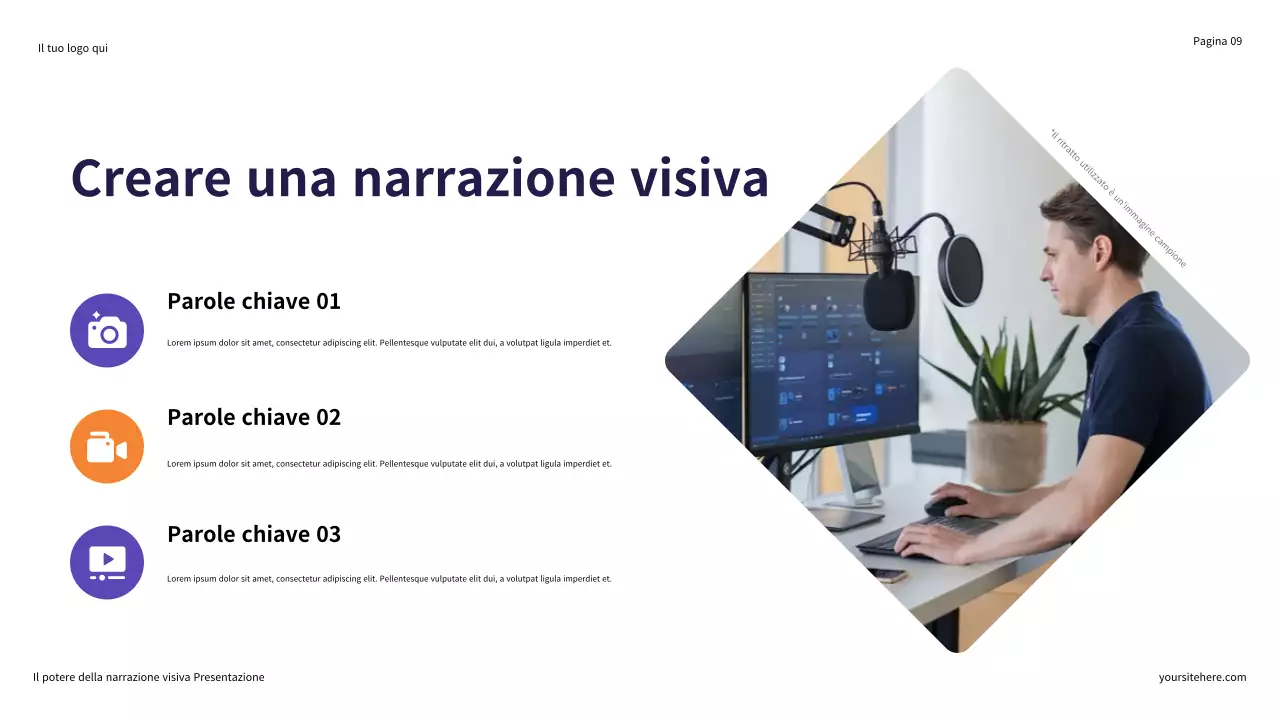 Presentazione illustrativa del potere della narrazione visiva in viola e arancione