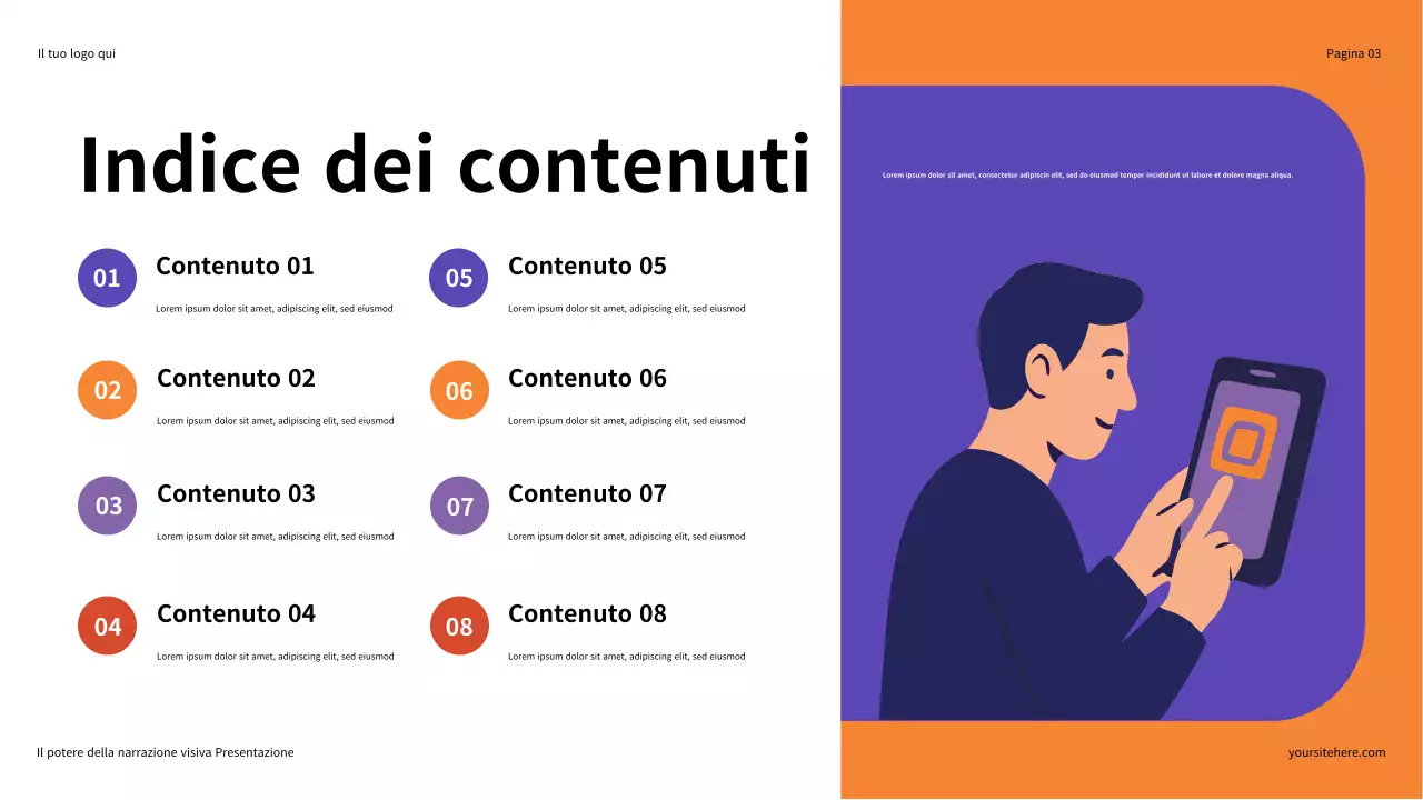 Presentazione illustrativa del potere della narrazione visiva in viola e arancione