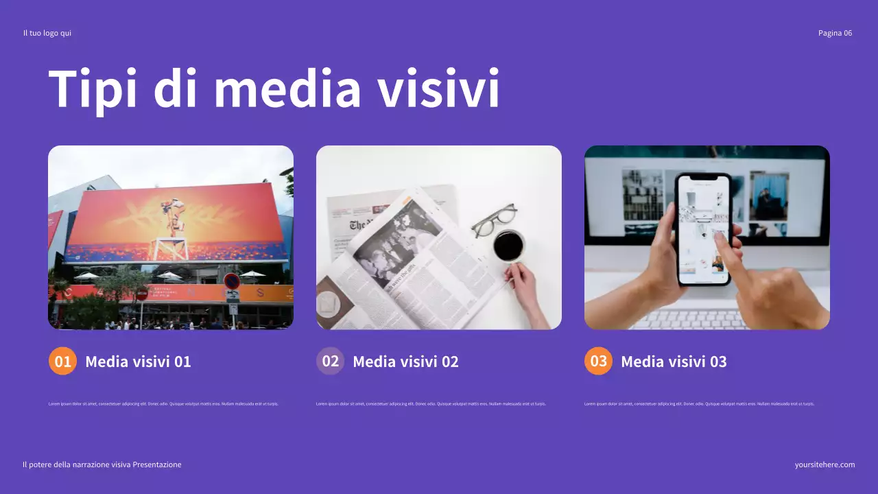 Presentazione illustrativa del potere della narrazione visiva in viola e arancione