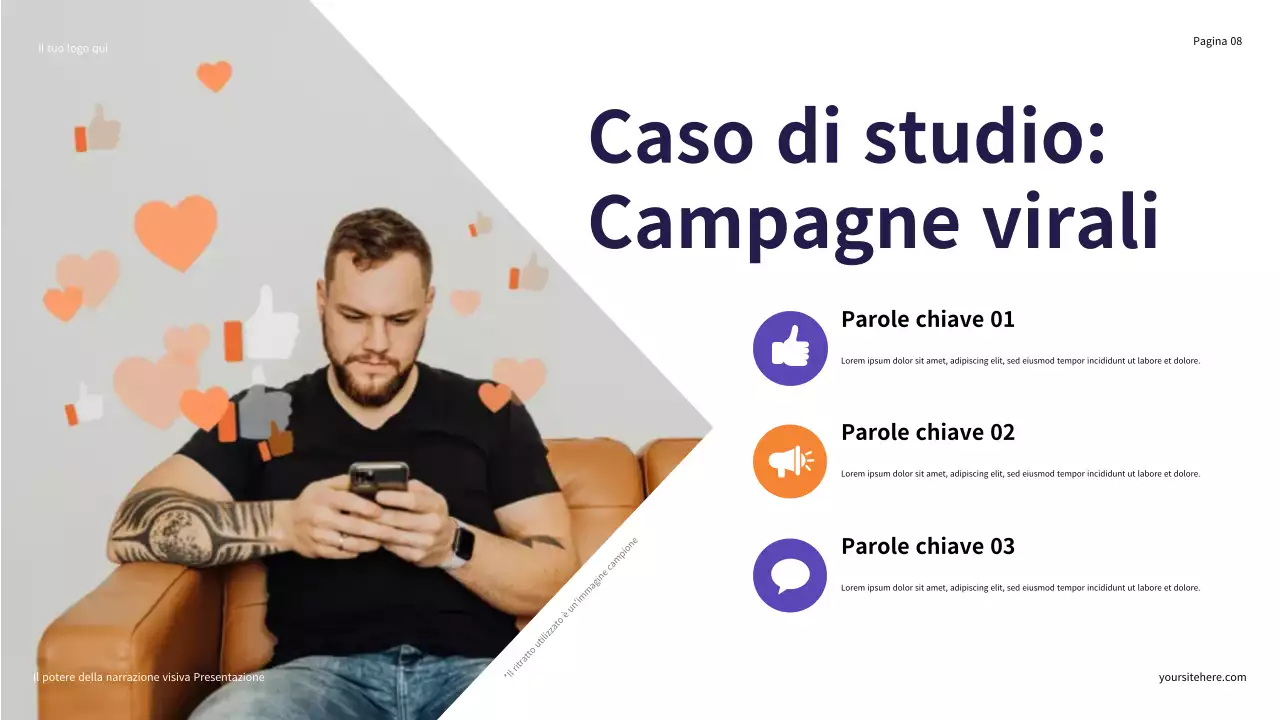 Presentazione illustrativa del potere della narrazione visiva in viola e arancione