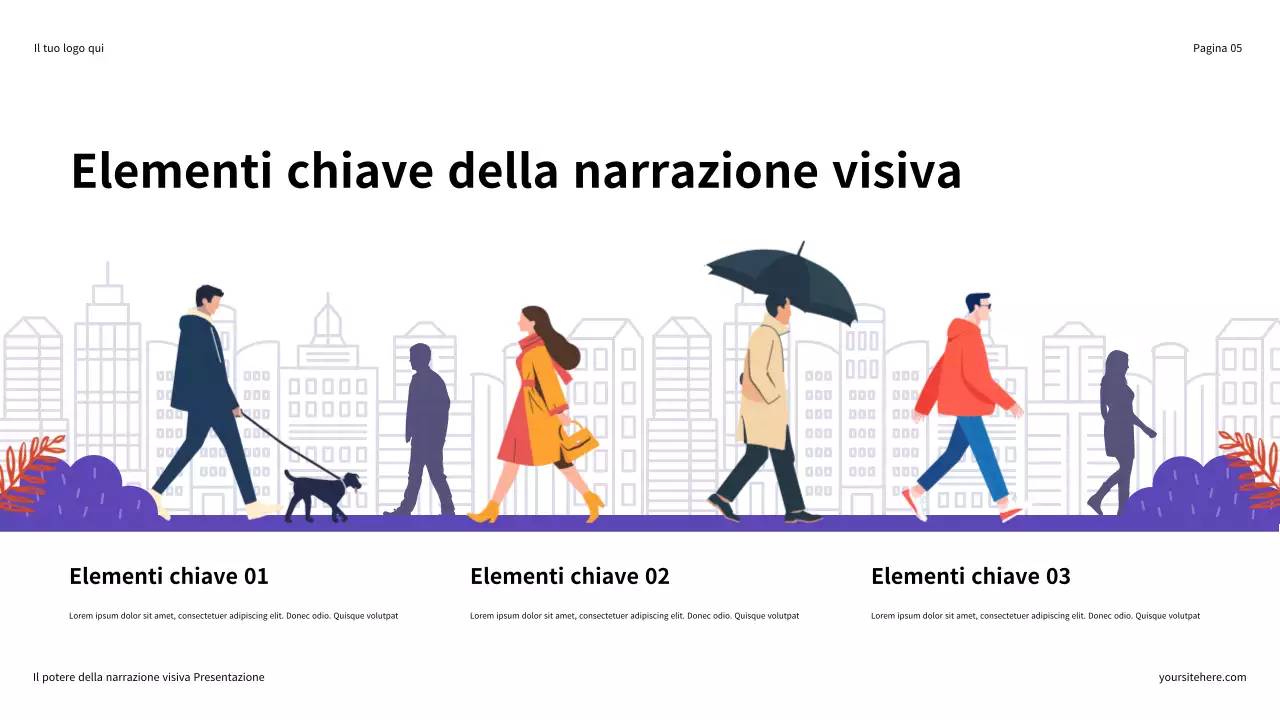 Presentazione illustrativa del potere della narrazione visiva in viola e arancione