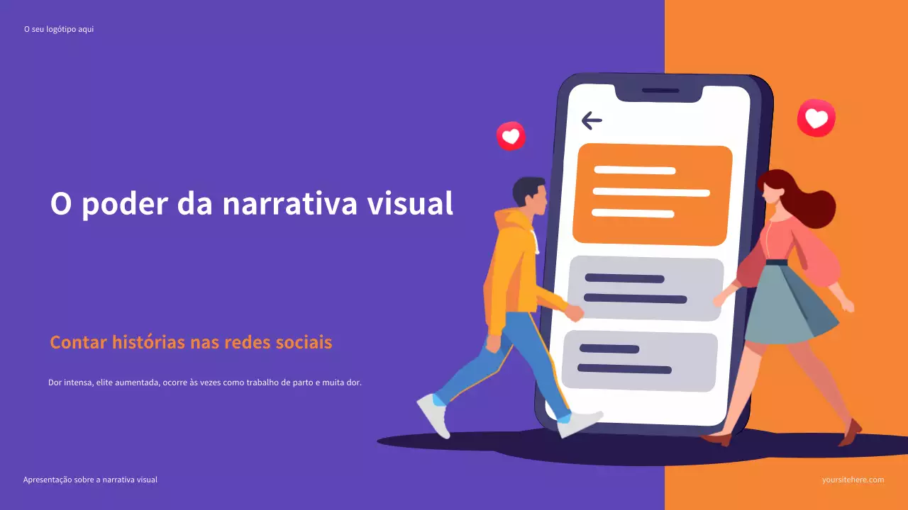 Apresentação ilustrativa em roxo e laranja: O poder da narrativa visual