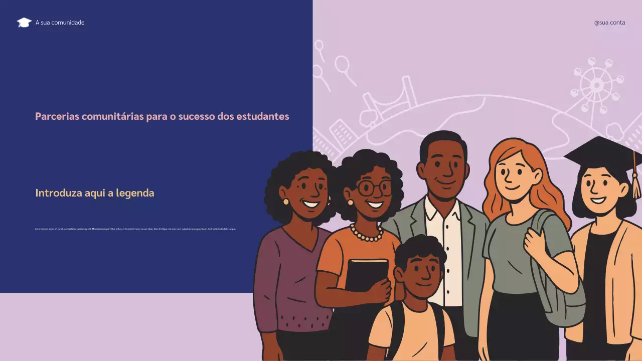 Apresentação ilustrativa de parcerias comunitárias em azul e roxo para o sucesso do aluno