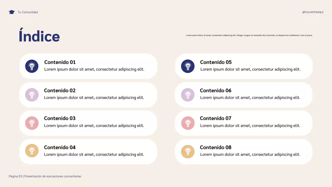 Presentación ilustrativa de las asociaciones comunitarias en azul y morado para el éxito estudiantil