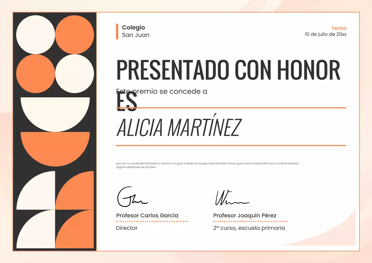 Póster de certificado escolar geométrico naranja