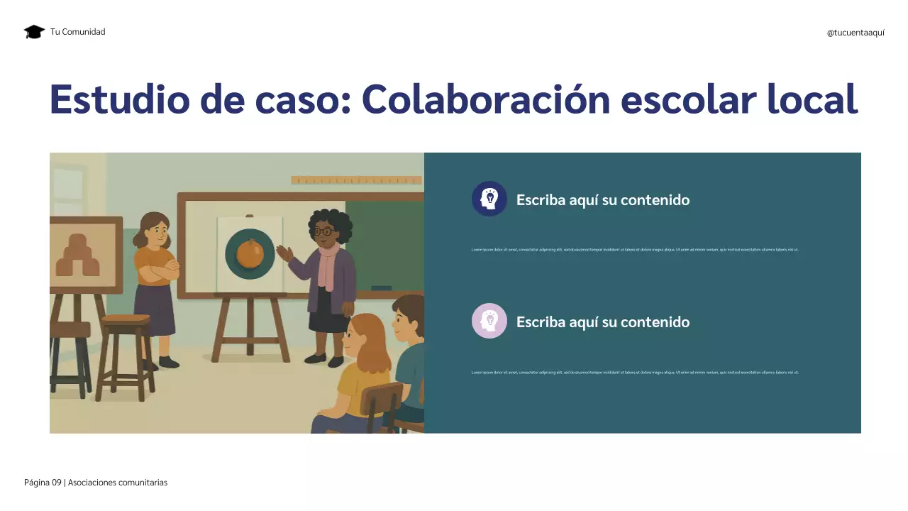 Presentación ilustrativa de las asociaciones comunitarias en azul y morado para el éxito estudiantil