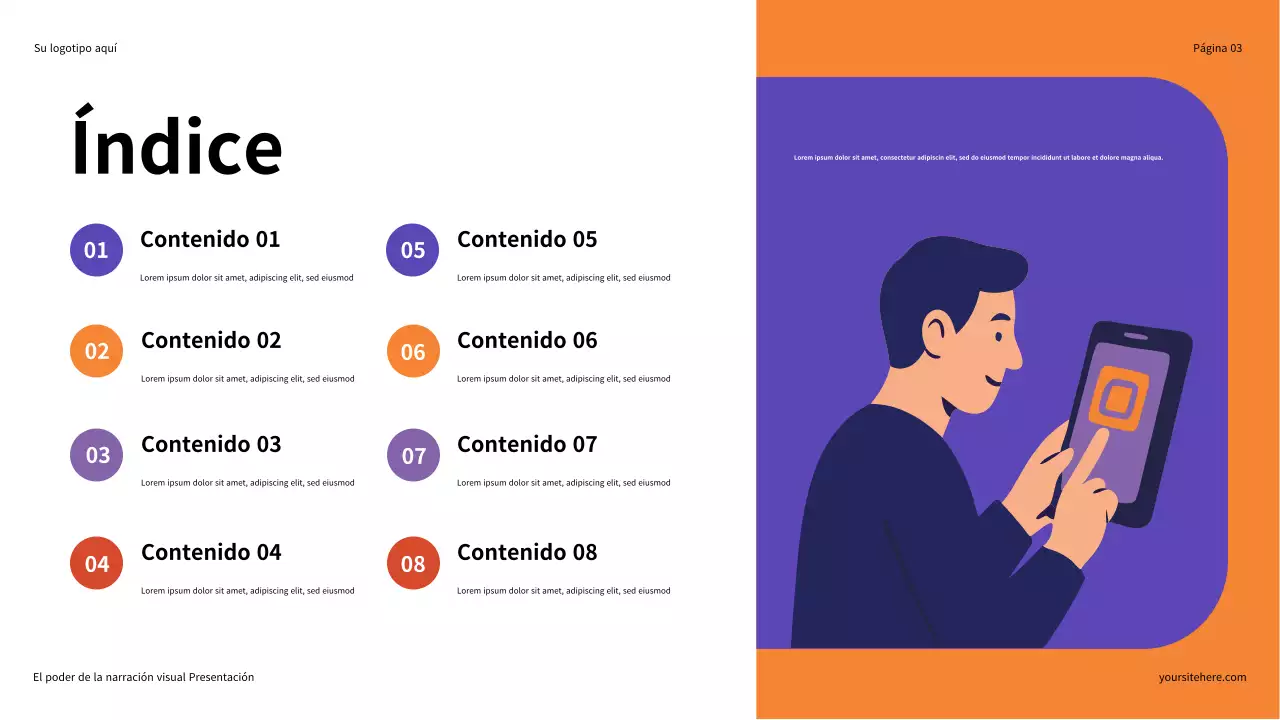 Presentación ilustrativa en morado y naranja: El poder de la narración visual