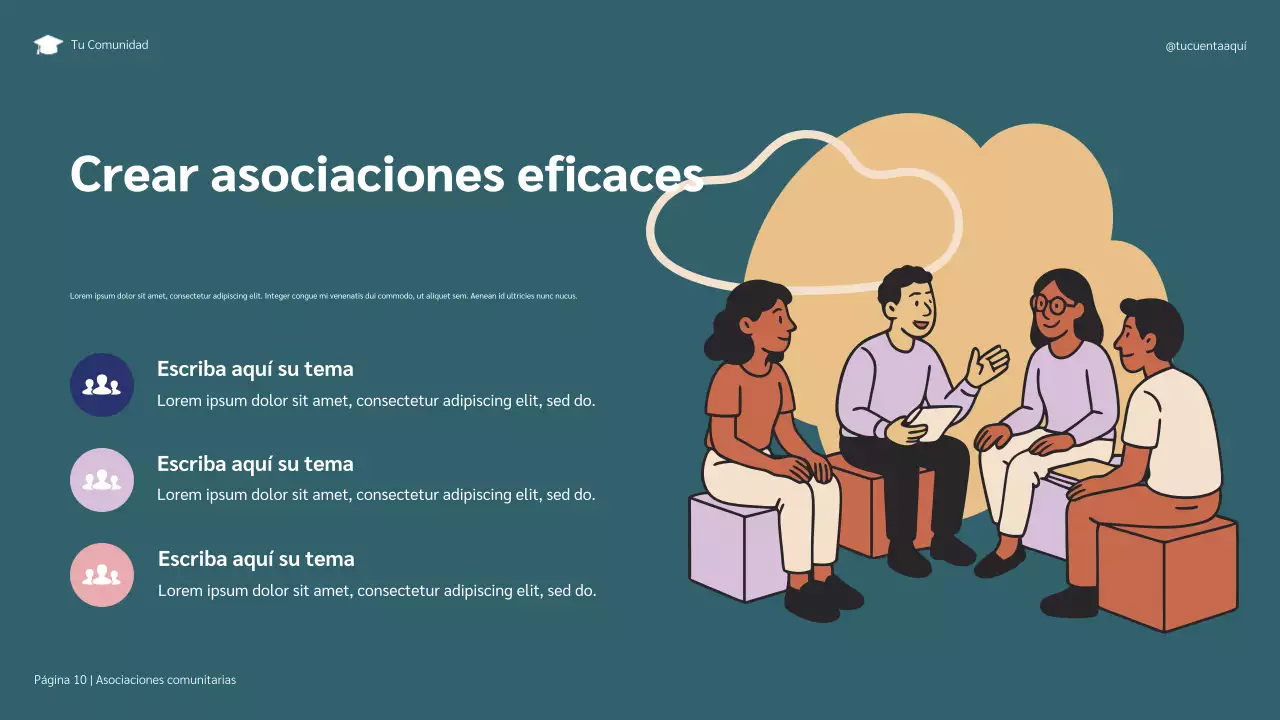 Presentación ilustrativa de las asociaciones comunitarias en azul y morado para el éxito estudiantil