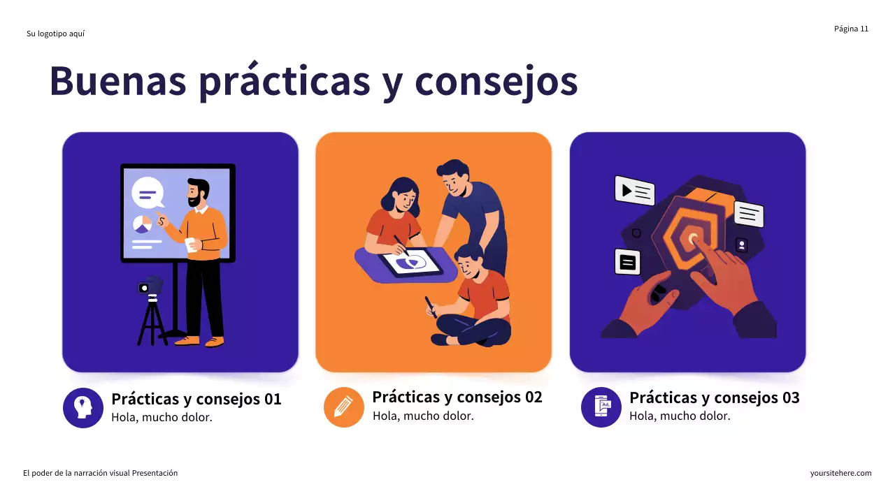 Presentación ilustrativa en morado y naranja: El poder de la narración visual