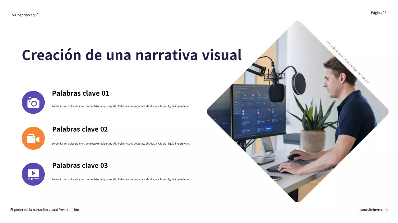 Presentación ilustrativa en morado y naranja: El poder de la narración visual