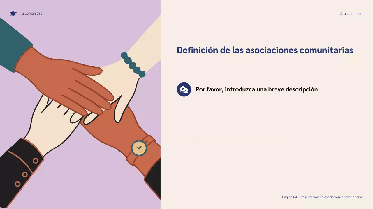 Presentación ilustrativa de las asociaciones comunitarias en azul y morado para el éxito estudiantil