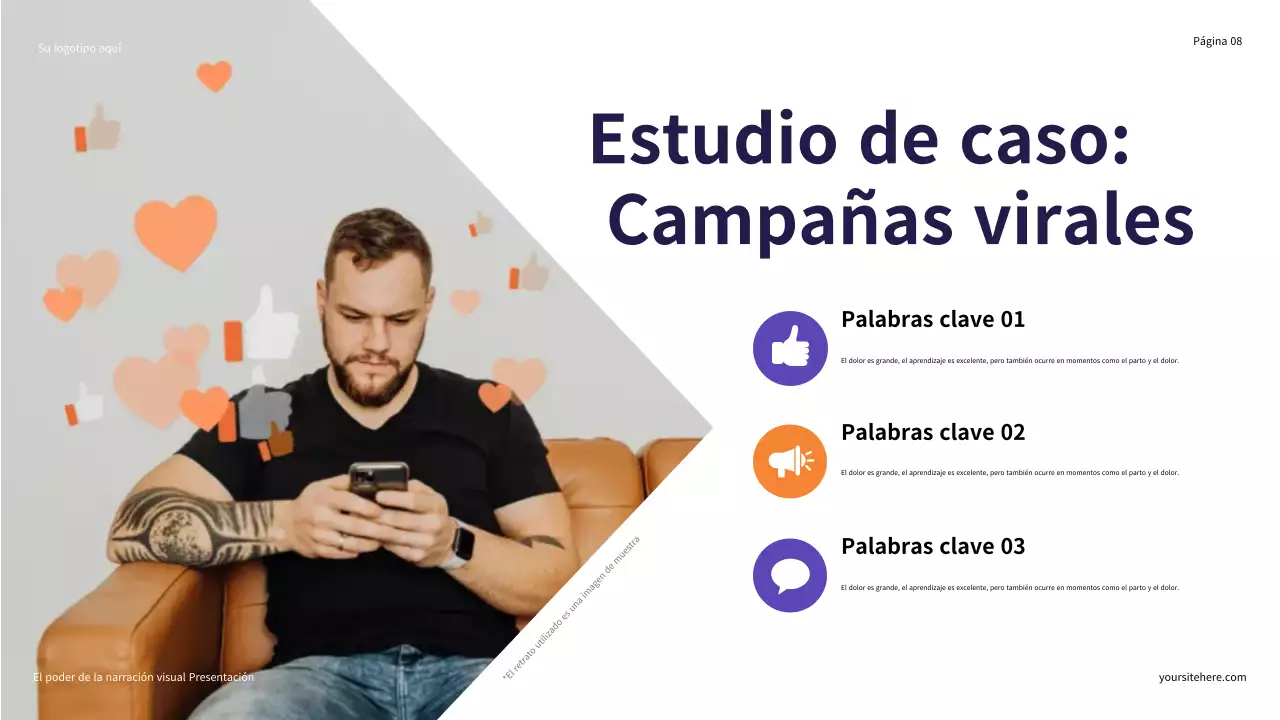 Presentación ilustrativa en morado y naranja: El poder de la narración visual