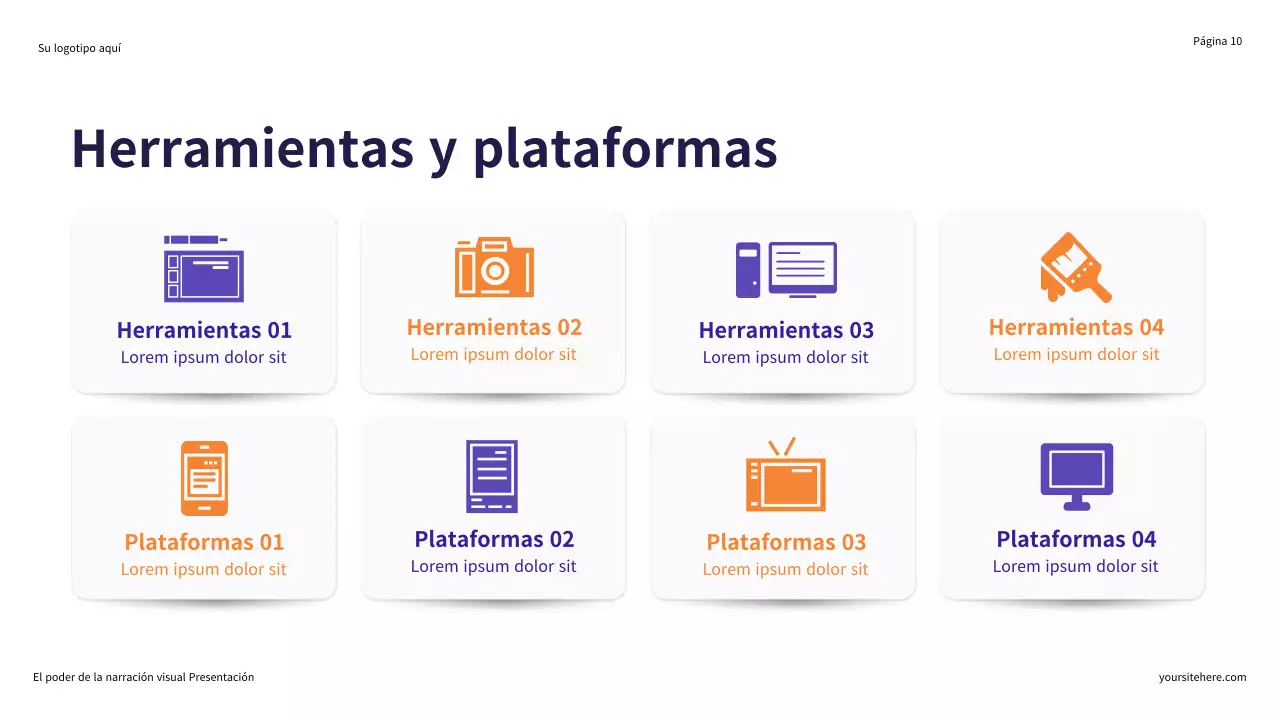 Presentación ilustrativa en morado y naranja: El poder de la narración visual