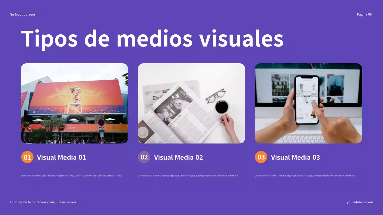 Presentación ilustrativa en morado y naranja: El poder de la narración visual