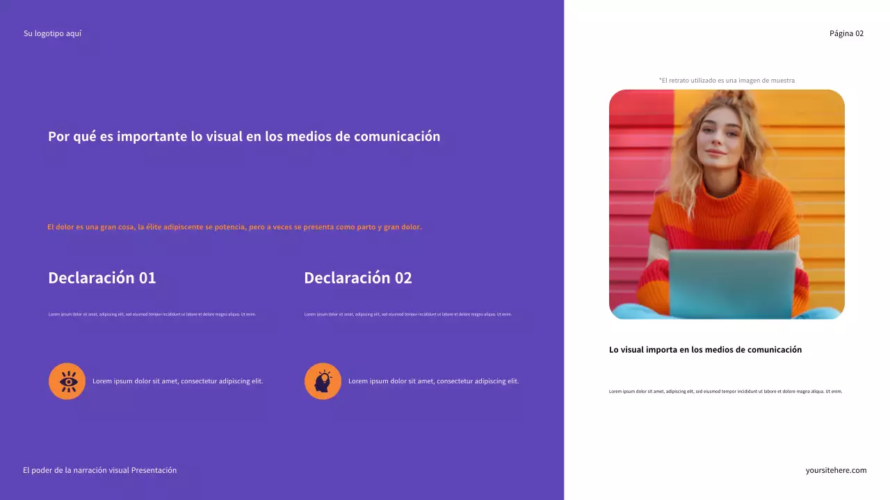 Presentación ilustrativa en morado y naranja: El poder de la narración visual